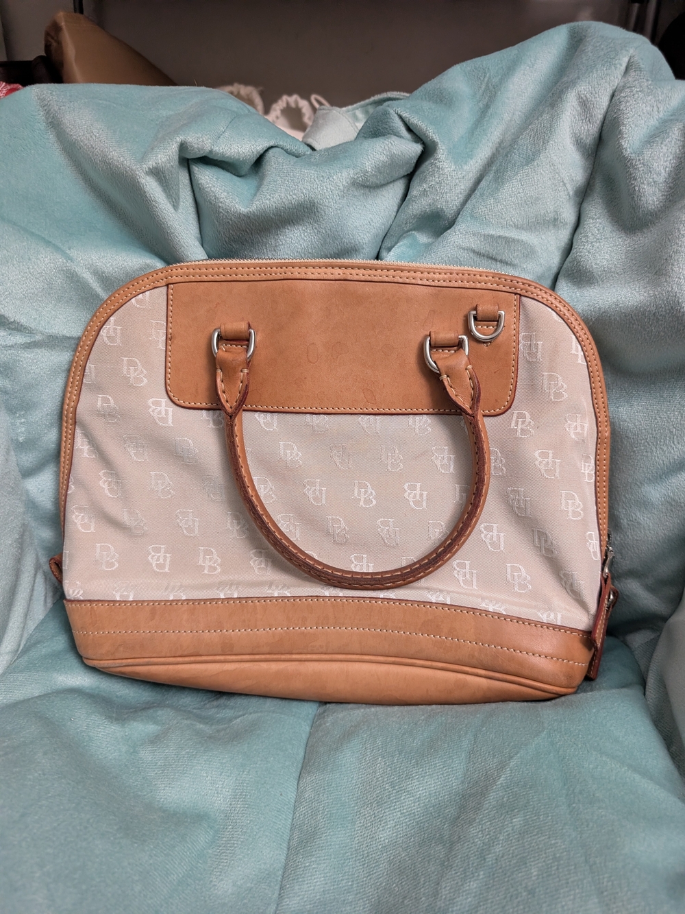 Dooney & Bourke Beige Canvas and Tan Leather Satchel